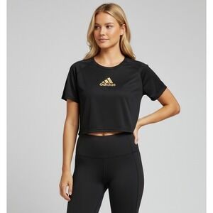 Adidas Aeroready Running Size Large Crop T-Shirt Black Gold Logo Athleisure